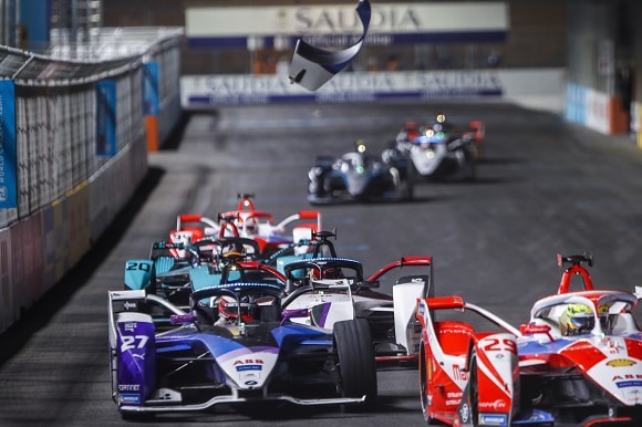 Part of the car of Jake Dennis (GBR) BMW I Andretti Motorsport, BMW iFE.21, flies into the air as he battles with Alexander Sims (GBR) Mahindra Racing, M7Electro