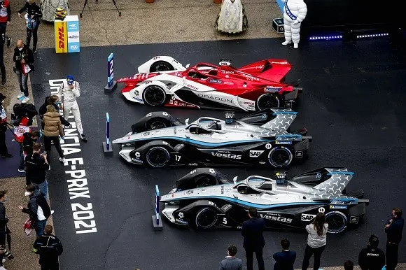 The cars of Nyck de Vries (NLD), Mercedes Benz EQ, EQ Silver Arrow 02, 1st position, Nico Muller (CHE), Dragon Penske Autosport, Penske EV-5, 2nd position, and Stoffel Vandoorne (BEL), Mercedes Benz EQ, EQ Silver Arrow 02, 3rd position, in Parc Ferme