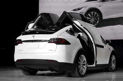 Photo de Tesla Model X blanche, portes arrières en cours d'ouverture.