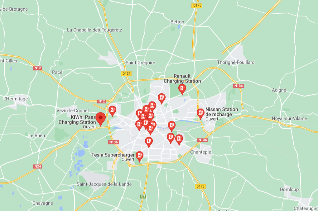 Carte des bornes de recharge dans la métropole de Rennes