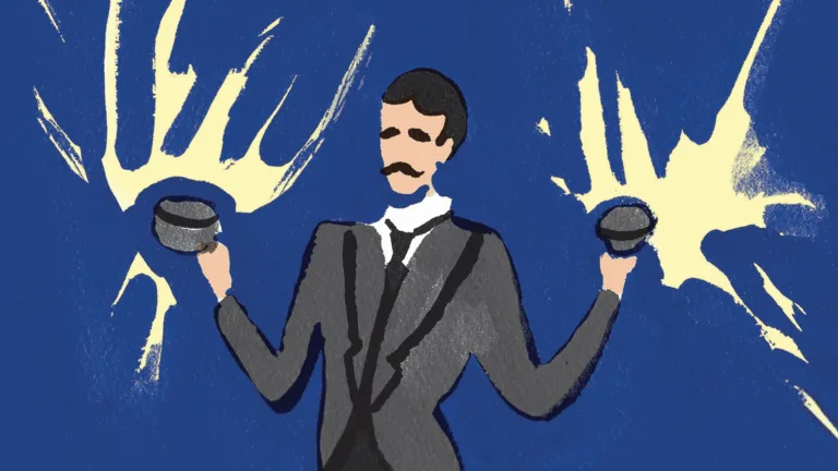 Visuel de la pièce de théatre "Les éclairs", représentant Nikola Tesla lors d'une démonstration sur le courant alternatif