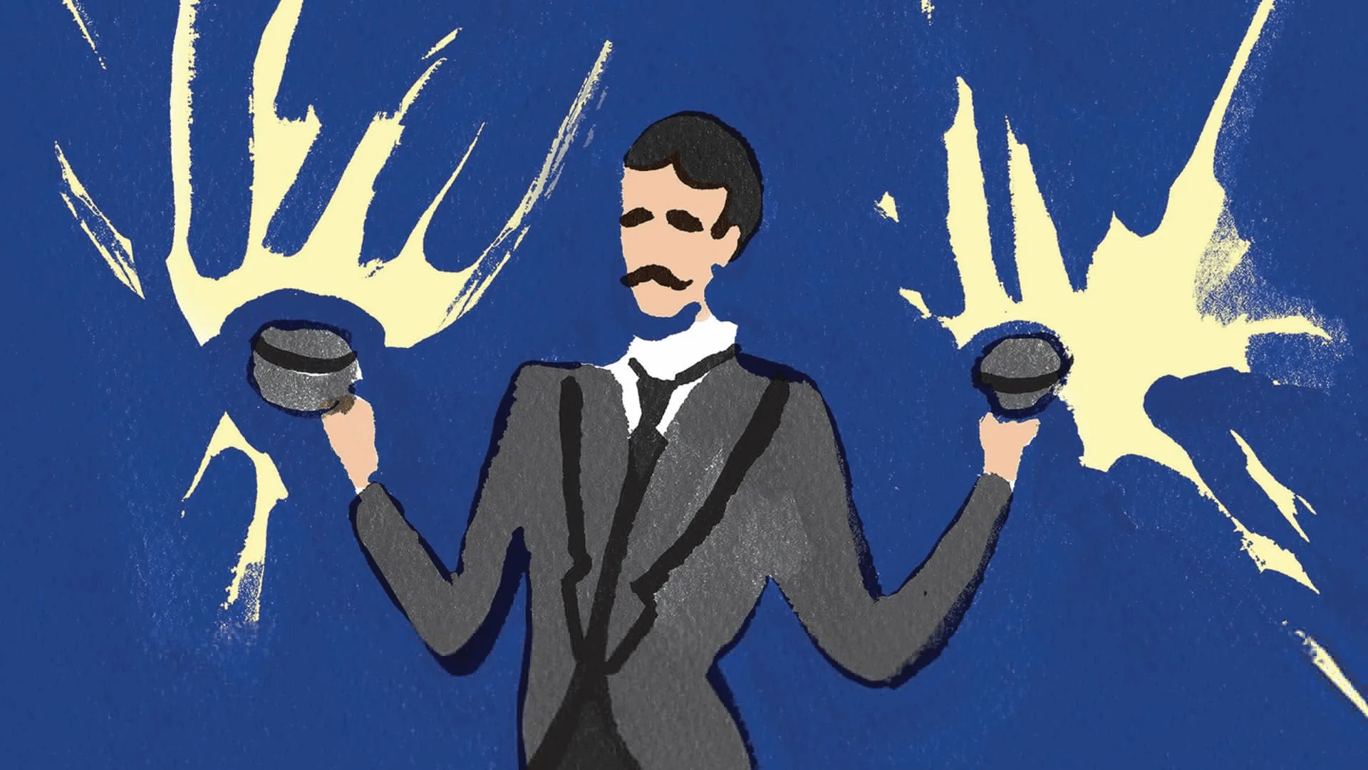 Visuel de la pièce de théatre "Les éclairs", représentant Nikola Tesla lors d'une démonstration sur le courant alternatif