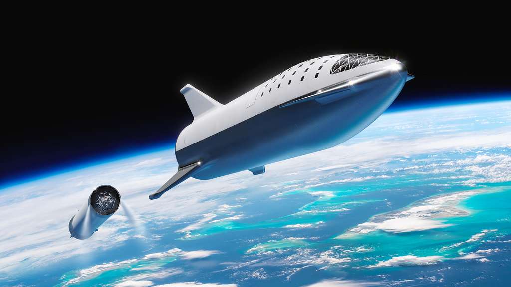 Vue d'artiste du Starship et de son lanceur, en orbite autour de la Terre.