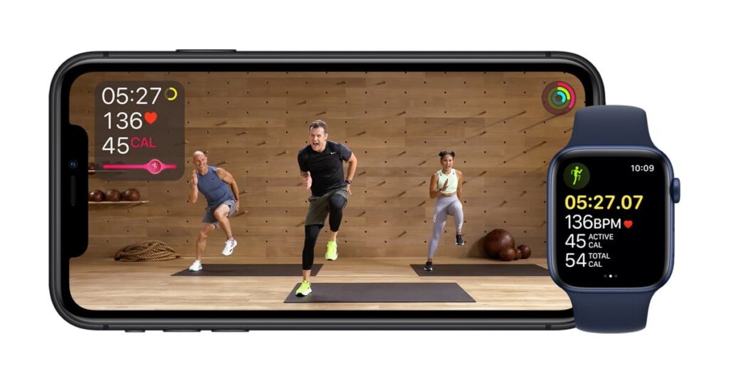 Photo commerciale qui présente l'Apple Fitness sur Iphone et Apple Watch