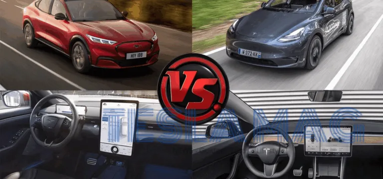 Photo présentant la Ford Mach E et la Tesla Model Y en face à face