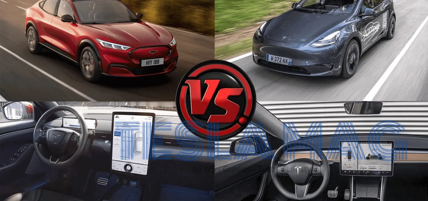 Photo présentant la Ford Mach E et la Tesla Model Y en face à face
