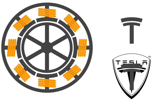 Dessin d'un rotor de moteur électrique, dont une des sections serait à l'origine du logo de la marque Tesla.