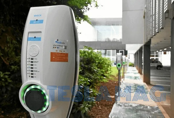 Photo d'une borne de recharge sur le parking de l'hyper E.Leclerc de Gouesnou (Bretagne)
