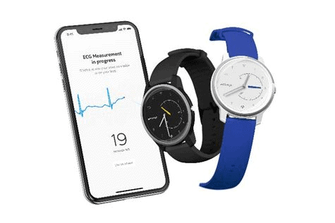 Photo de montres et d'un smartphone autour de l'appli Withnig pour la santé connectée