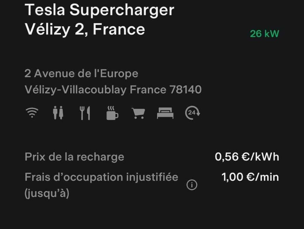 Récapitulatif de la recharge effectuée par l'utilisateur de Renault Zoé au superchargeur de Vélizy2, avec le prix de la recharge en euro au kWh