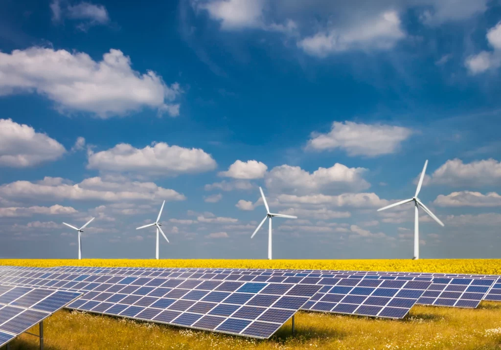 Photo montrant un champs, avec des panneaux solaires au premier plan, et des éoliennes en arrière plan.