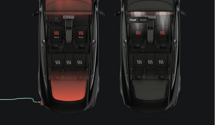 Interface de l'appli permettant de régler le chauffage des sièges de la Tesla