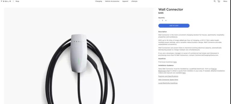 Page de vente du Wall Connector Tesla