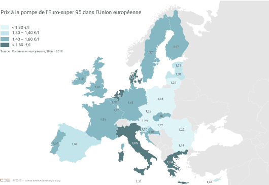 Carte des prix à la pompe de l'Euro-super 95 dans l'UE en 2018