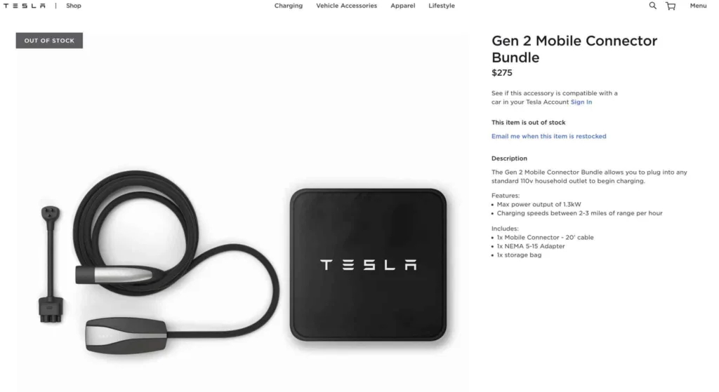Page de la boutique Tesla pour le connecteur mobile