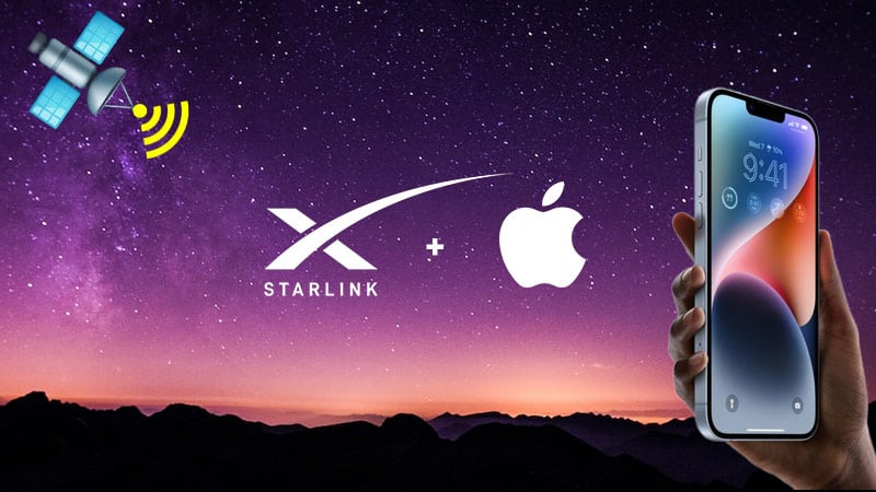 Visual showing an iPhone 14 connected to the Starlink satellite network (with Apple and Starlink logos)