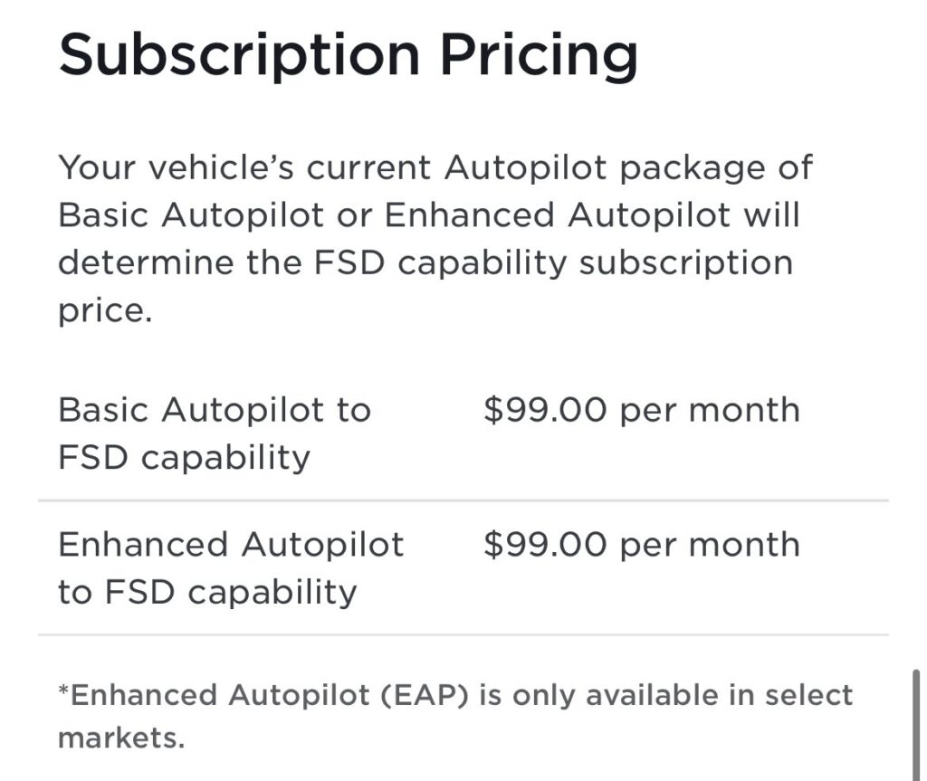 nouveau tarif conduite autonome tesla