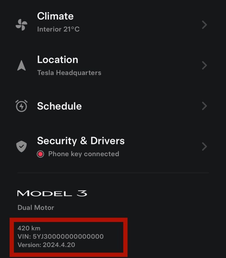 version vin app Tesla