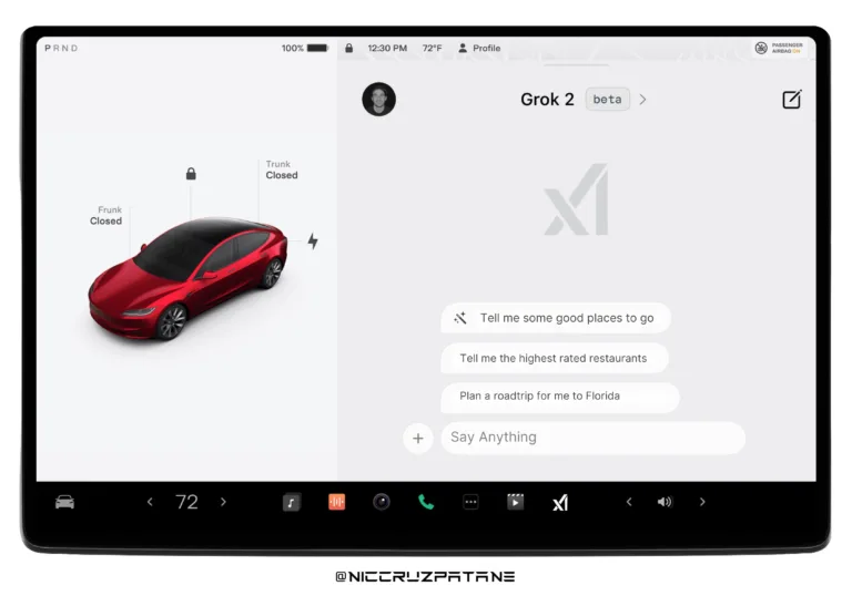 Assistant Grok affiché sur l'écran d'une Tesla