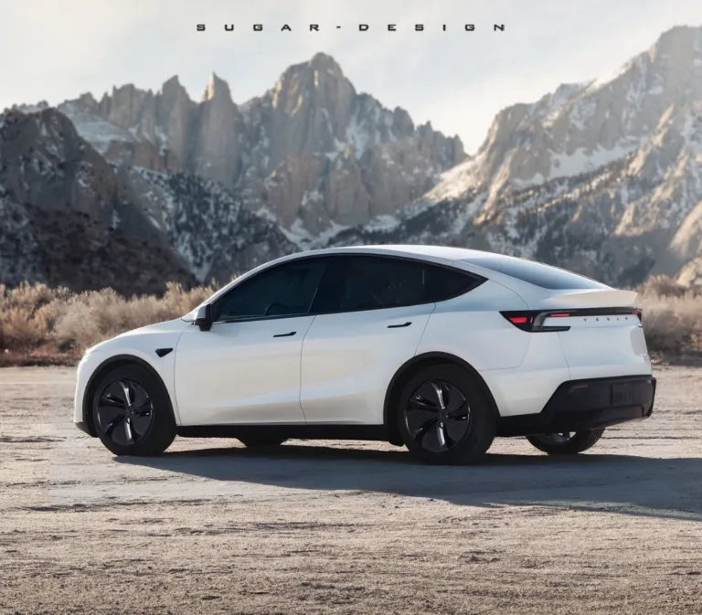 Tesla Model Y blanche devant des montagnes