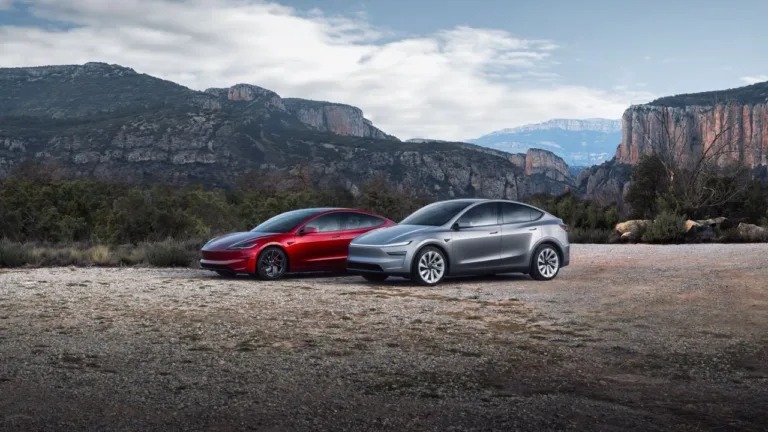 Tesla Model 3 rouge et Model Y grise dans un paysage désertique