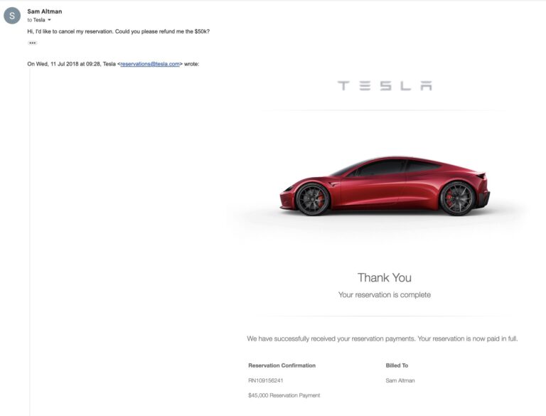 « 7,5 ans c’est trop long », Sam Altman annule sa réservation du Tesla Roadster