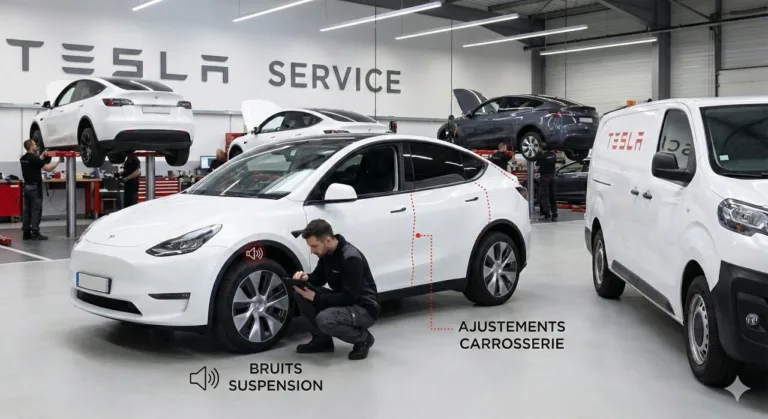Tesla Model Y dans un atelier de service Tesla, avec un technicien