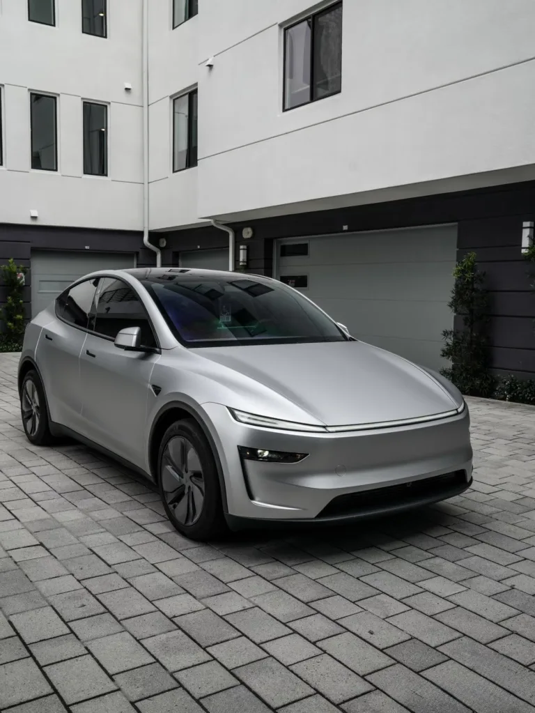 Tesla Model Y Frozen Quicksilver garée devant une maison, vue de trois quarts