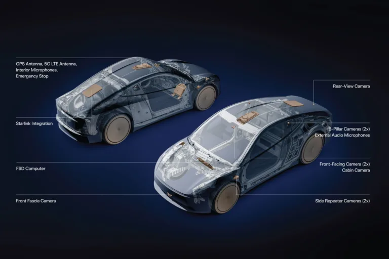 Vue éclatée du Cybercab de Tesla avec l'antenne Starlink intégrée