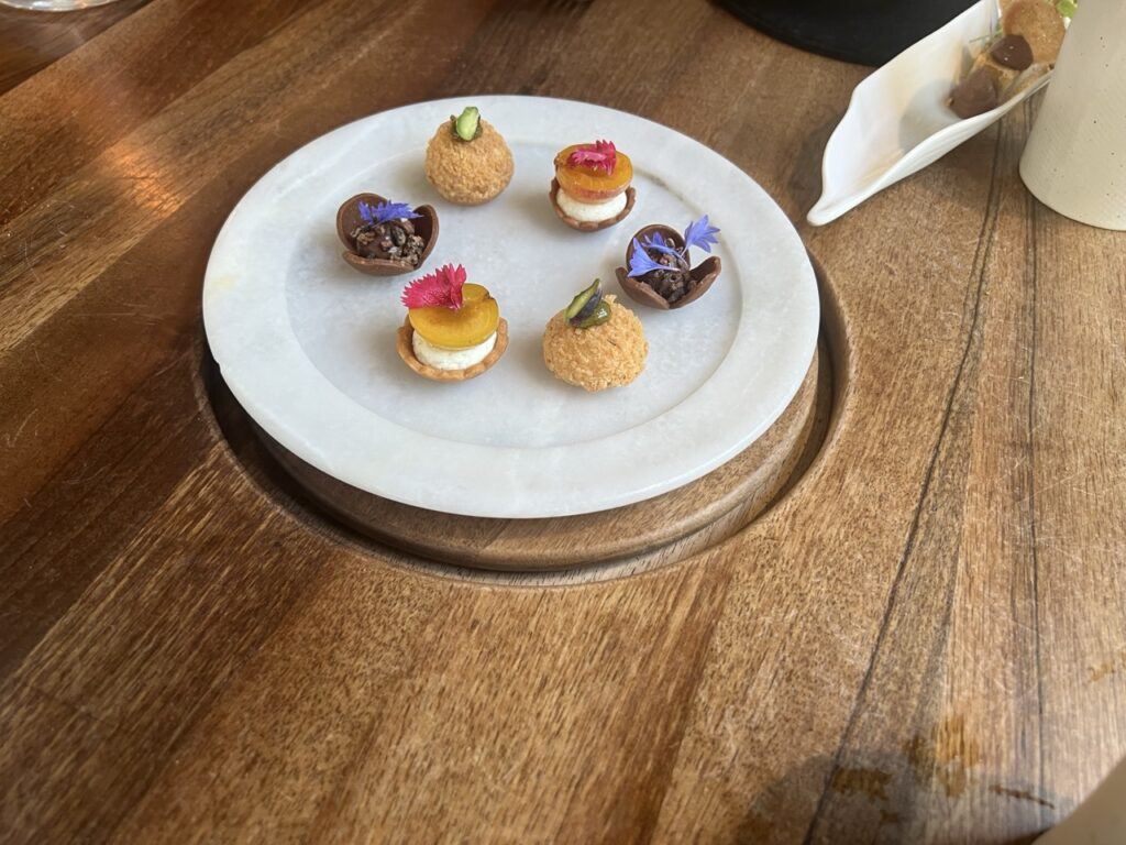 Mignardises : tartelettes aux fleurs, choux au praliné pistache, ganaches au chocolat