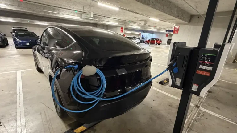 Un Tesla Model Y noir en recharge dans un parking, le câble bleu maintenu hors du sol par le support CABLOO