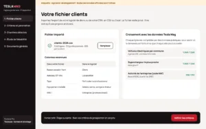 Maquette du logiciel de prospection, données fictives : l’export de votre logiciel de devis, croisé avec les données de Tesla Mag