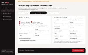 Maquette du logiciel de prospection, données fictives : vos critères de ciblage et vos paramètres de rentabilité, produit par produit