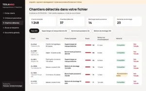 Maquette du logiciel de prospection, données fictives : les chantiers repérés dans votre fichier, avec score, rentabilité et compatibilité du matériel
