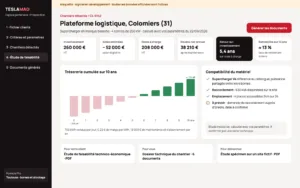 Maquette du logiciel de prospection, données fictives : investissement, aides, trésorerie sur 10 ans et contrôle de compatibilité