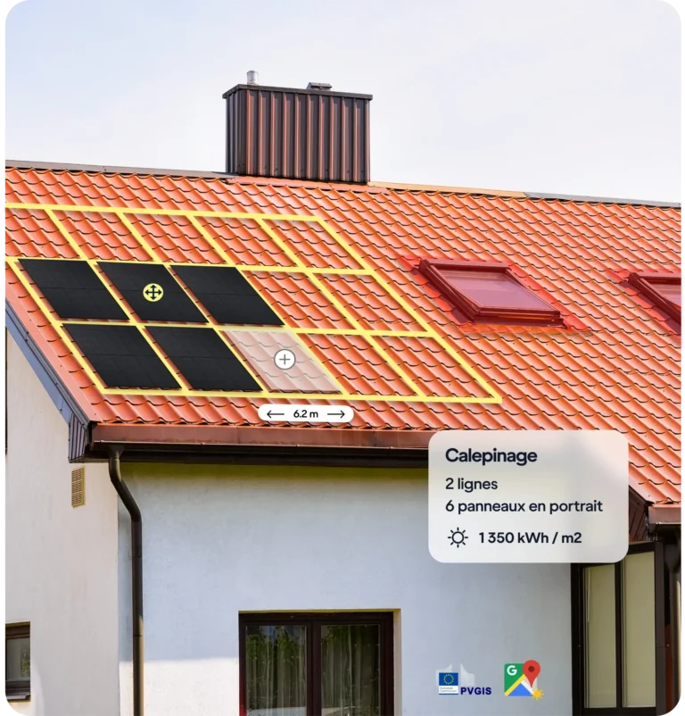 Toiture avec un calepinage de six panneaux solaires dans le logiciel Revolt.eco