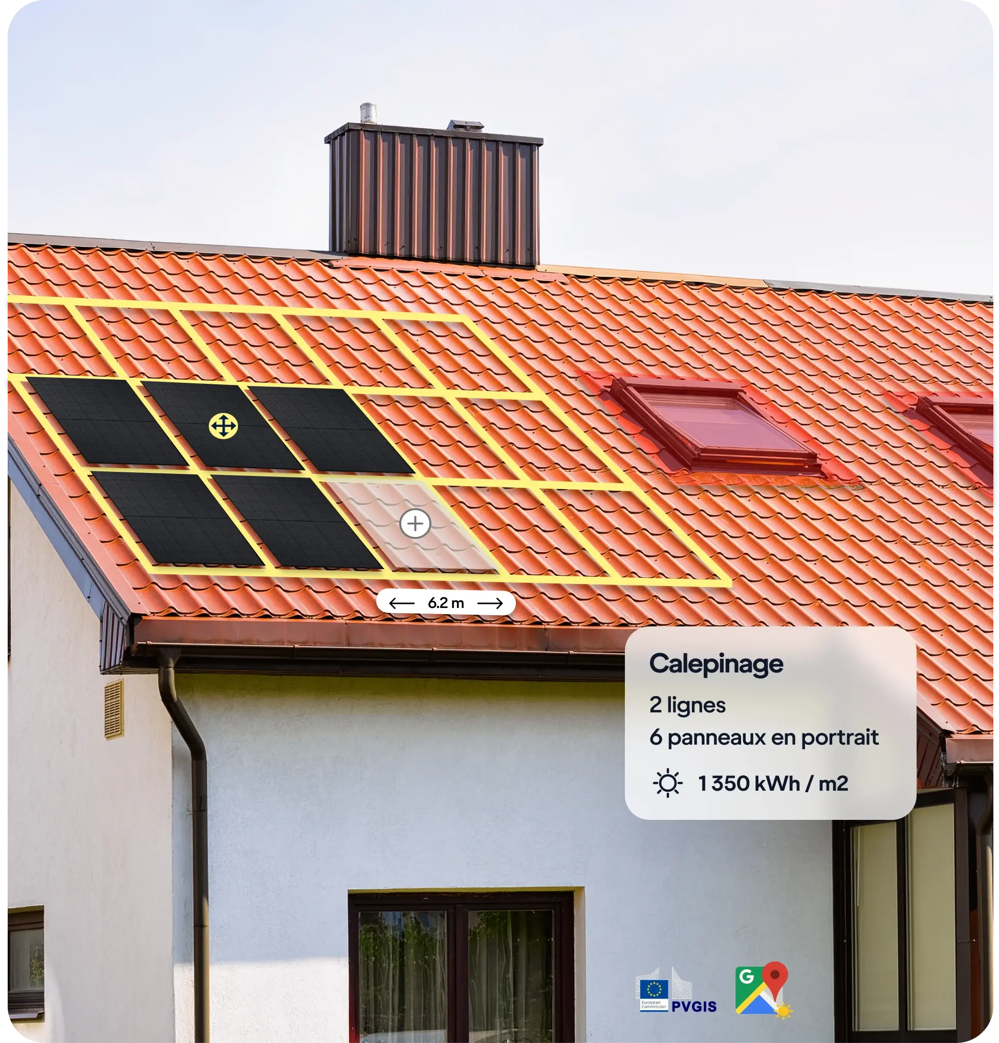 Toiture avec un calepinage de six panneaux solaires dans le logiciel Revolt.eco