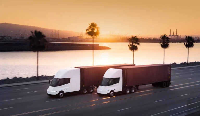Deux Tesla Semi tractant des conteneurs sur une route côtière