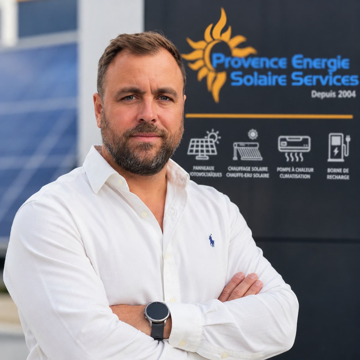 Nicolas Bailly, gérant de Provence Énergie Solaire Services, en chemise blanche, bras croisés, devant le logo de l’entreprise
