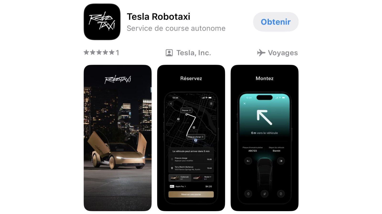 Fiche de l’application Tesla Robotaxi, « Service de course autonome » de Tesla, Inc., sur l’App Store français, avec trois captures : le Cybercab, la réservation d’une course et la montée à bord