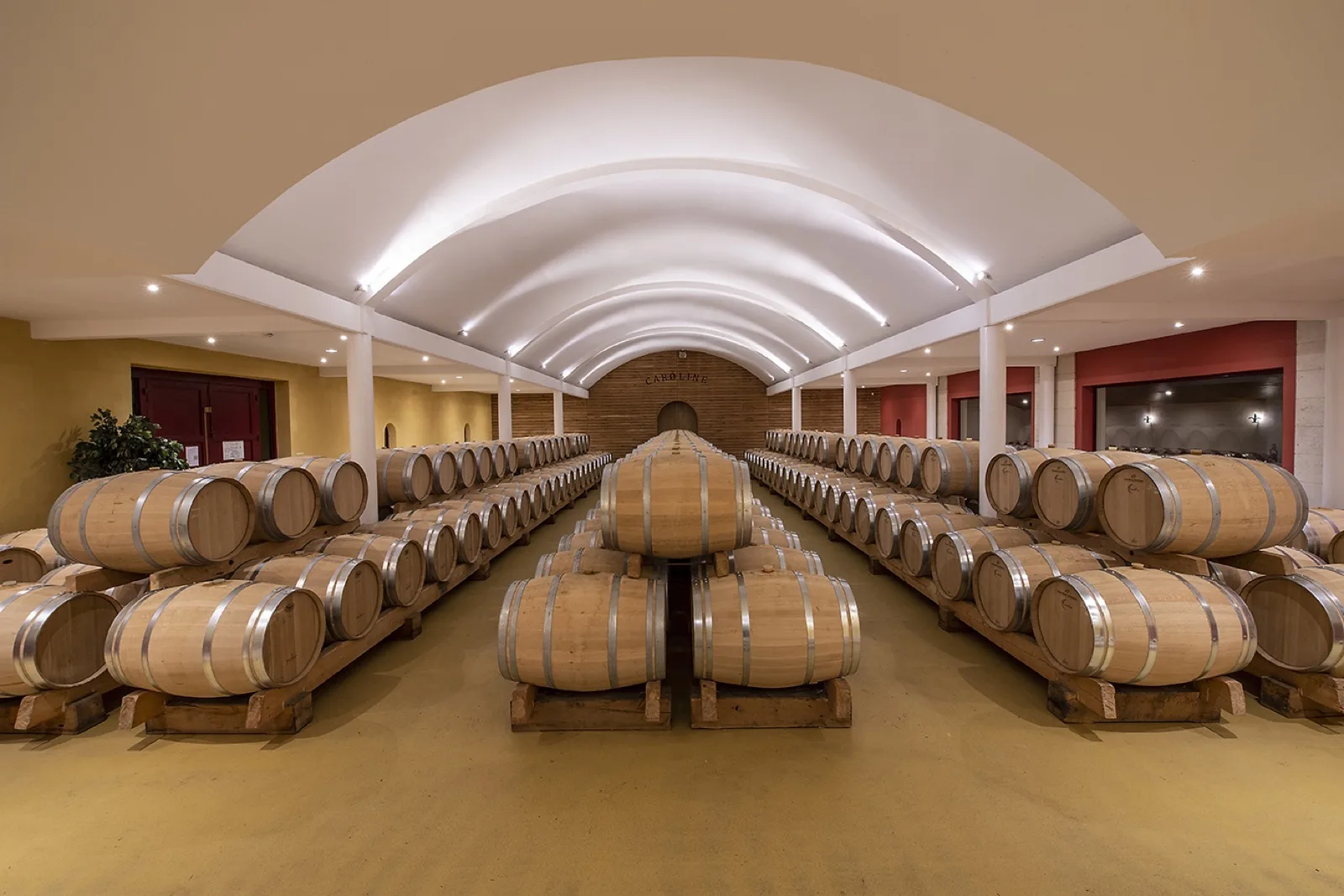 Le chai à barriques de la Cuvée Caroline au Château de Chantegrive