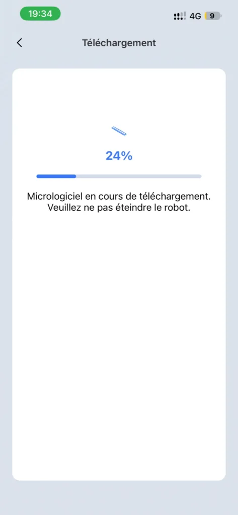 L'application Ecovacs pendant la mise à jour du micrologiciel du robot