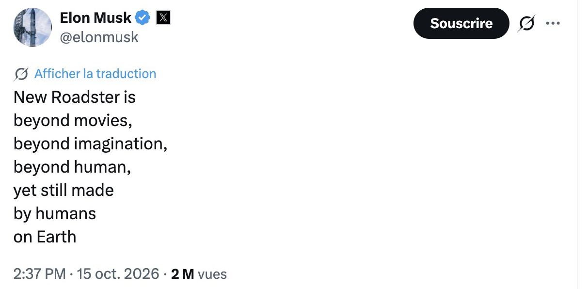 Post d'Elon Musk sur X : New Roadster is beyond movies, beyond imagination, beyond human, yet still made by humans on Earth