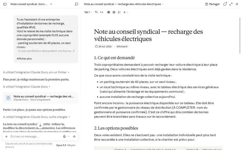 Note au conseil syndical sur la recharge des véhicules électriques rédigée par Claude