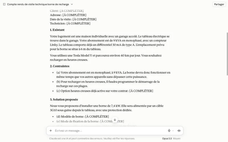 Compte rendu de visite technique rédigé par Claude, avec les informations manquantes marquées À COMPLÉTER