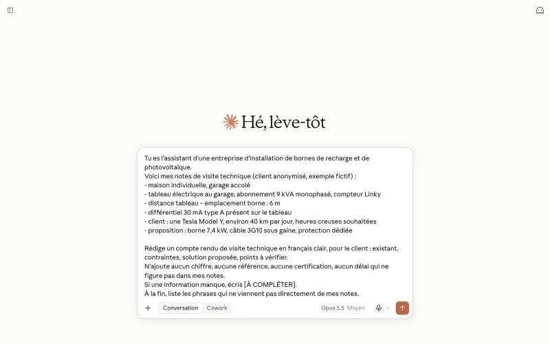 Instruction donnée à Claude pour rédiger un compte rendu de visite technique