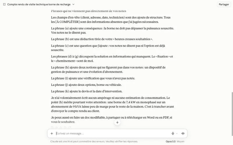 Claude liste les phrases qui ne viennent pas des notes de l'installateur