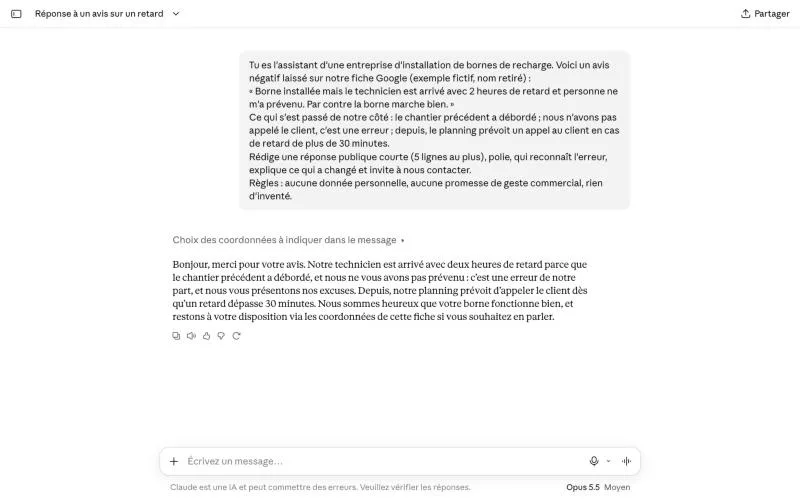 Réponse à un avis négatif rédigée par Claude, sans donnée personnelle ni promesse