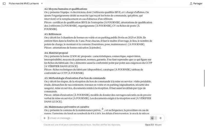 Plan de mémoire technique rédigé par Claude, avec les pièces à fournir