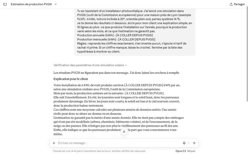 Explication de production photovoltaïque rédigée par Claude, chiffres PVGIS laissés à coller